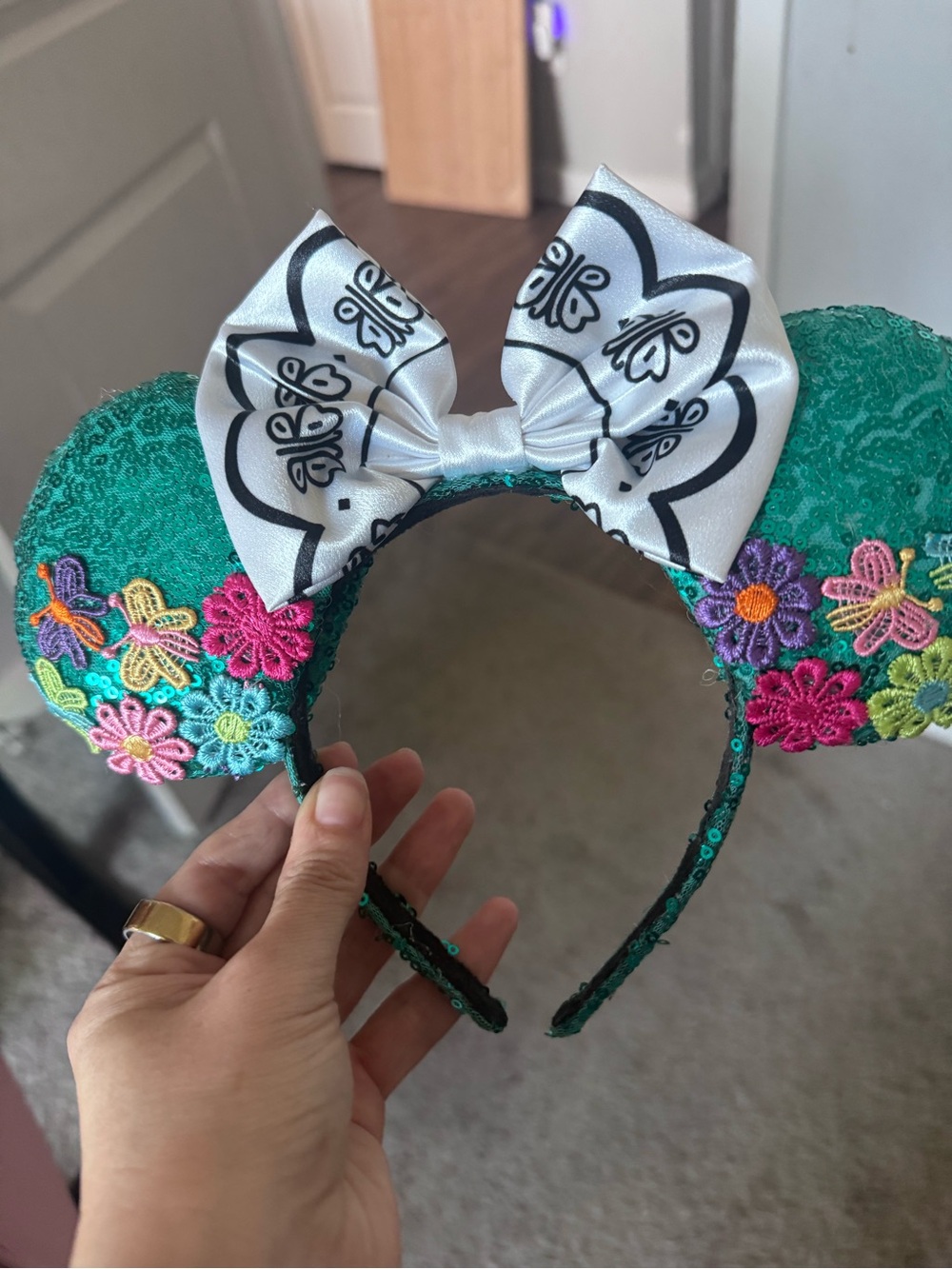 Encanto Disney ears Green Floral Sequin Minnie Ears Headband with White Bow